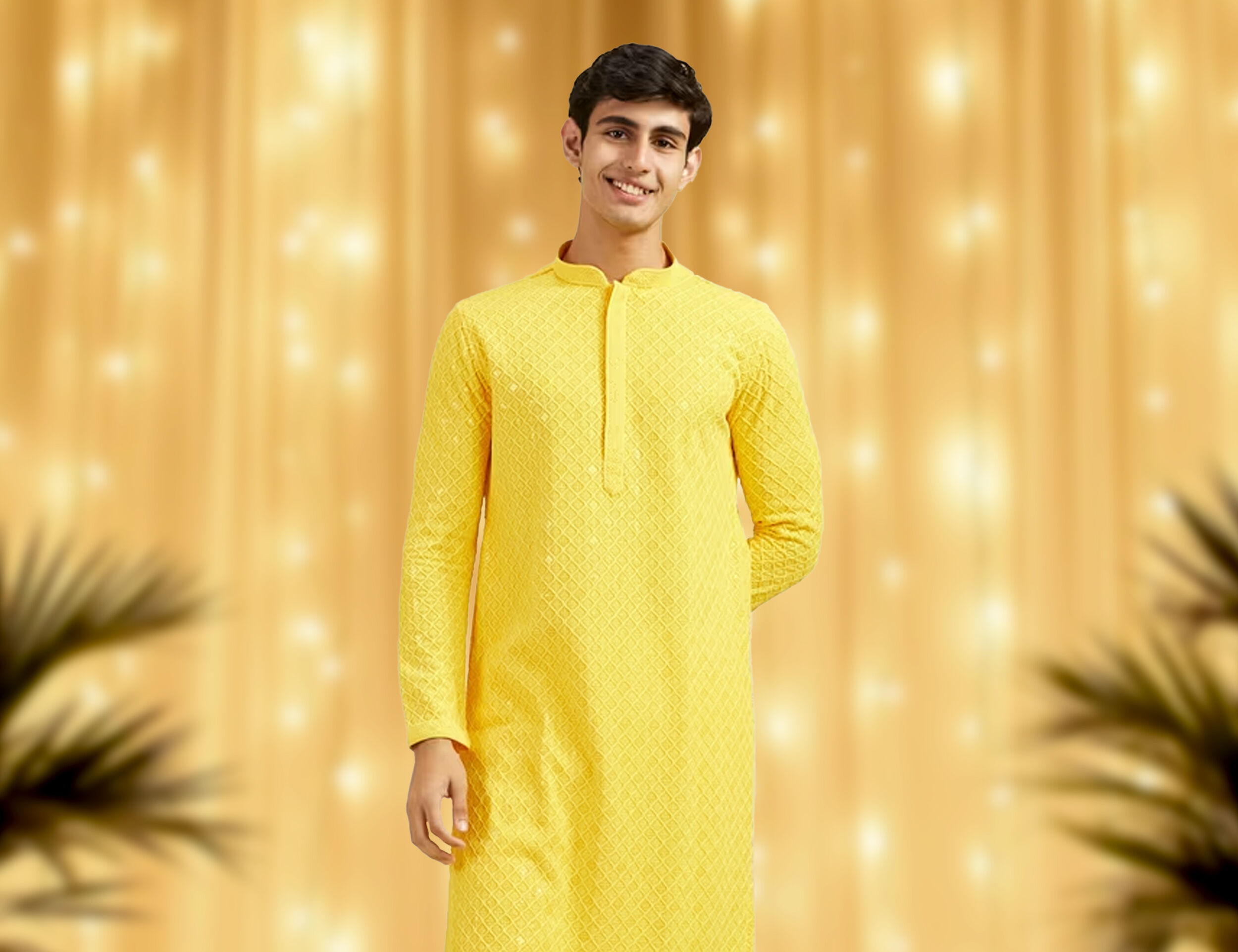 Young man wearing a bright yellow textured kurta, standing against a golden festive backdrop with soft lights and blurred palm leaves